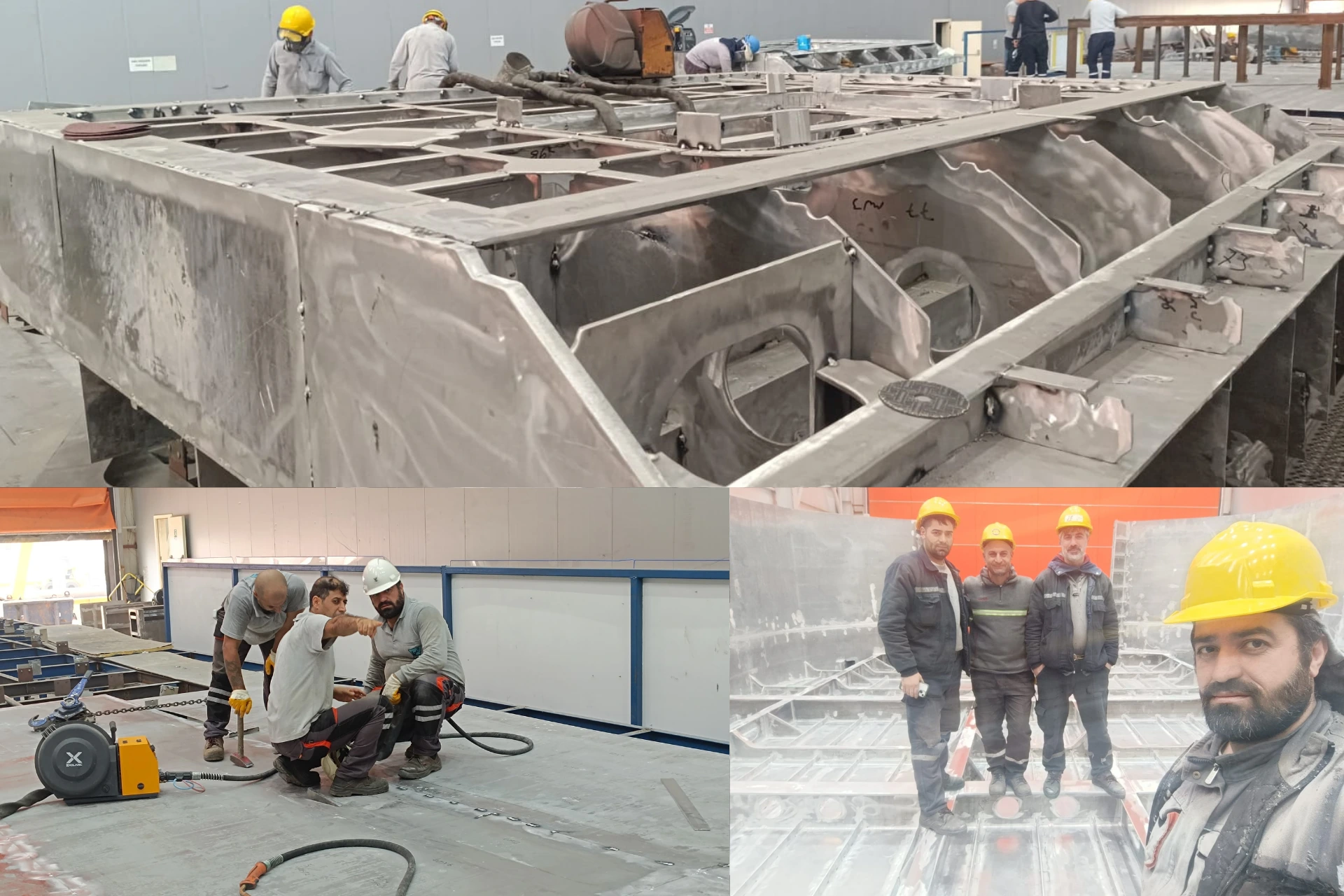 In the upper part, the completed construction of the yacht's aluminum covers; in the lower part, the team leaders are discussing something.